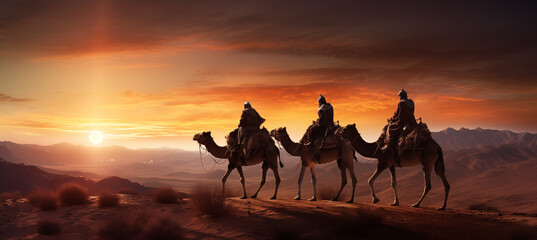 Reyes magos viajando por el desierto, llegando a Belén. Noche de reyes magos. Día de reyes magos. - obrazy, fototapety, plakaty
