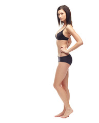 Young woman, portrait and full body in underwear on mockup to lose weight or diet against a white studio background. Attractive female person or slim model posing in lingerie for health and wellness