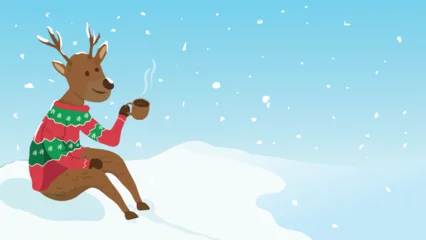 Gordijnen Vector illustration deer winter landscape background, snow background, merry christmas background, copy space, cute animal © CTRLZ