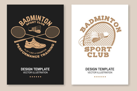 Set of badminton sport vintage flyer, poster design. Vector. Editable template with badminton racket, sports shoe and shuttlecock silhouettes. Badminton tournament posters for sports competition.