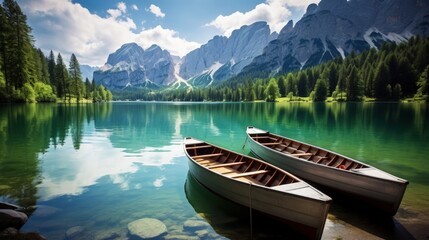 Fototapeta premium Panoramic photo of boats on the lake with mountain view sunlight