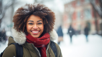 Portrait of a beautiful smiling young black female student on college campus in the winter, ready for christmas break, commercial ad photo