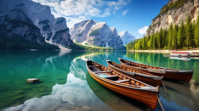 Panoramic photo of boats on the lake with mountain view sunlight