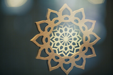 Beautiful Christmas woodwork decoration. Close up. Postcard style. Indoor shot