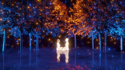 Magical couple in love forest, ethereal illumination of fantasy landscape, mystical light, dreamlike ambience. 3d rendering concept of romantic love in the heart of nature embrace.