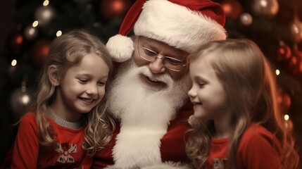 Fototapeta na wymiar Small children sitting indoors on real Santa Claus's knees