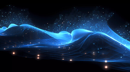 a blue and black background with a wave of light and dots on it