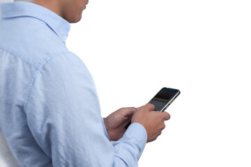 Technology. Young man using a cell phone on white background