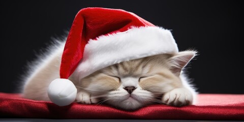 Obraz na płótnie Canvas ginger kitten in a red Santa Claus hat on a dark background. New Year background. Generative AI