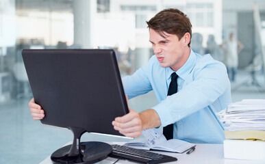 Businessman, computer and stress or frustrated at office, anger and crazy for technology. Male person, frustrated and crisis on digital, problem and issues or glitch, 404 error and connection fail