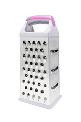 Steel vegetable grater with pink plastic handle isolated on white background