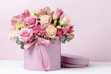 Beautiful bouquet of flowers in round box and pink gift box on a white table. Gift for holiday, birthday, Wedding, Mother's Day, Valentine's day, Women's Day. Floral arrangement in a hat,Generative AI