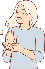 Woman applauds and claps hands to support friend who has achieved goal or won competition
