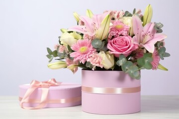 Obraz na płótnie Canvas Beautiful bouquet of flowers in round box and pink gift box on a white table. Gift for holiday, birthday, Wedding, Mother's Day, Valentine's day, Women's Day. Floral arrangement in a hat,Generative AI