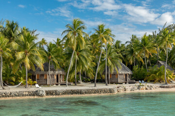 French Polynesia Tikehau atoll with sandy beach, beach bungalows, palm trees and blue sky.