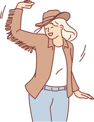 Dancing cawgirl in hat and rider clothes from wild west to have fun at parties in western style