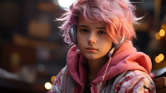 Young boy in pink hair.