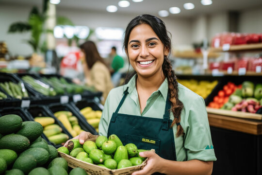 Girl in green apron working in a grocery shop.
