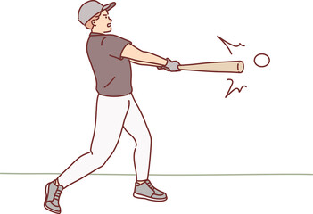 Man plays baseball while holding bat and hitting ball during training or tournament