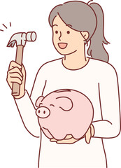 Woman holds hammer and piggy bank, wanting to get savings to buy new phone or car.