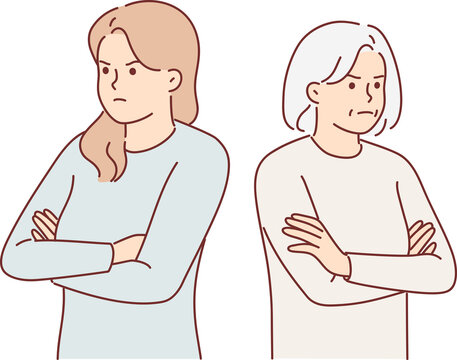 Offended women of different ages stand with arms crossed and look to side after quarrel