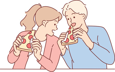 Hungry friends eat pizza and bite into italian appetizer with tomatoes or pepperoni with appetite