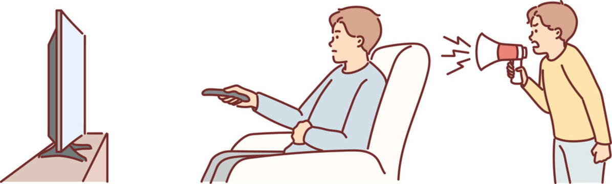 Irresponsible father watches tv, ignoring son screaming into megaphone and wanting to play with dad