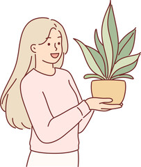 Woman holds houseplant in pot, wishing to decorate interior with plant that absorbs carbon dioxide