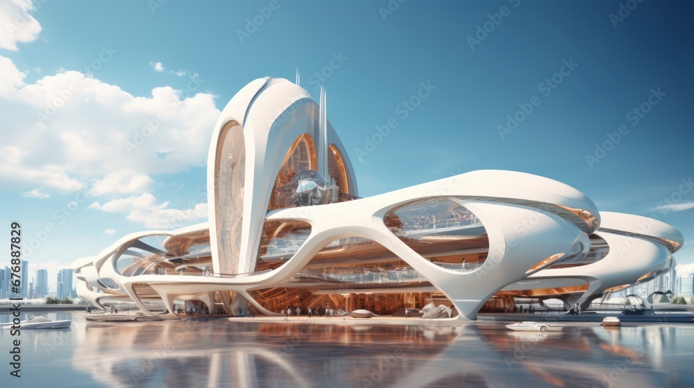 Poster 3d illustration of the white building various features of future technology design