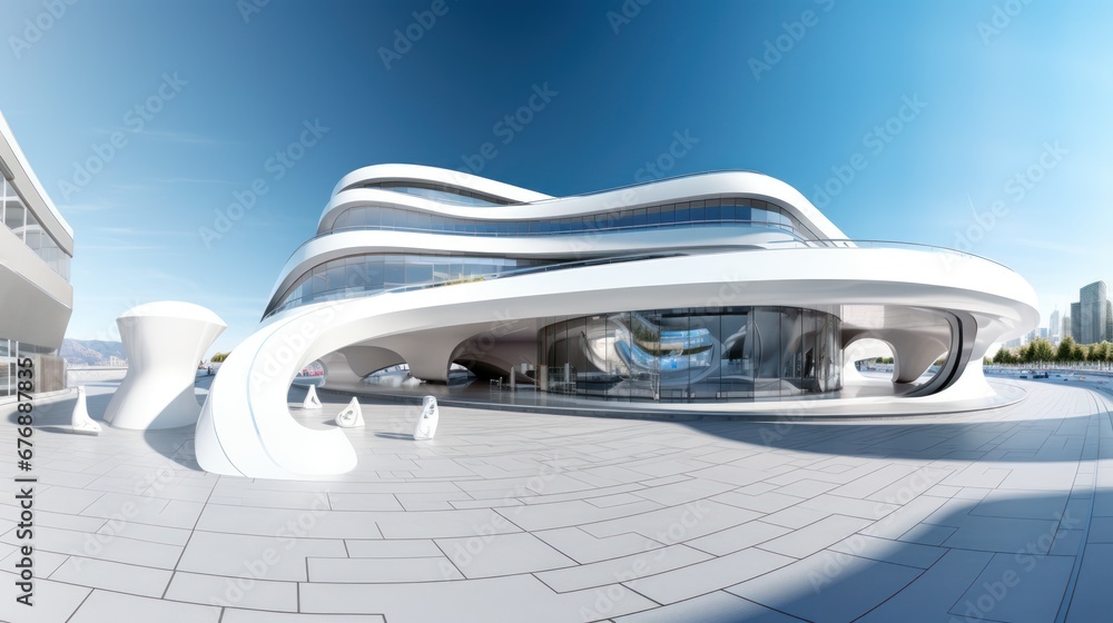 Poster 3D illustration of the White building Various features of future technology design