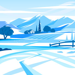 Christmas landscape with snowy mountains and farm house - 676887801