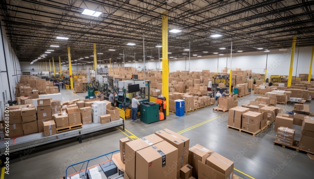 Poster dynamic and efficient workflow of cardboard box packages in a bustling warehouse fulfillment center