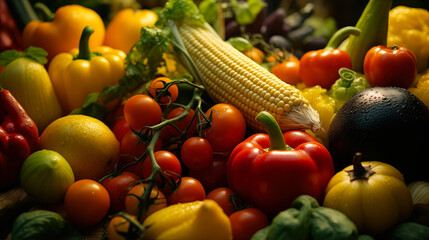 Beautiful fresh vegetables. Vegetables background. Peppers, broccoli, corn.