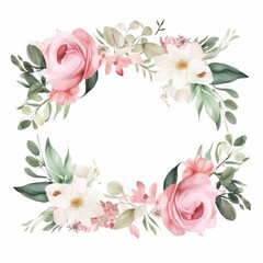 Watercolor floral frame with green leaves, pink peach blush white flowers branches, for wedding invitations, greetings, wallpapers, fashion, prints. Eucalyptus, olive green leaves, rose, Generative AI
