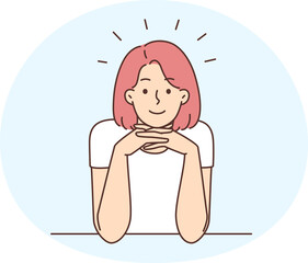 Smiling woman sit at desk talking with someone