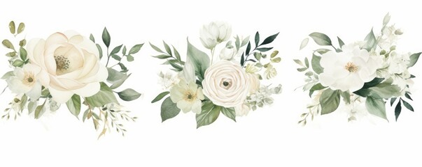 Watercolor floral illustration set bouquet, wreath, frame green leaves, pink peach blush white flowers branches. invitations, greetings, fashion, prints. Eucalyptus, olive, Generative AI