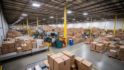 Dynamic and efficient workflow of cardboard box packages in a bustling warehouse fulfillment center