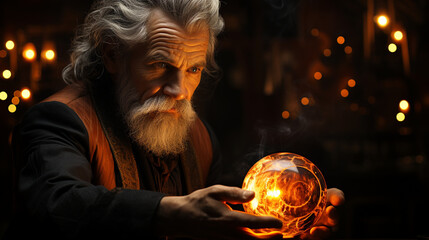 Elderly magician in fire round ball.