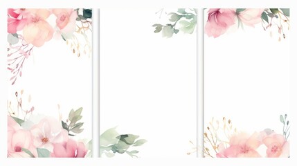 Pre made templates collection, frame - cards with pink flower bouquets, leaf branches. Wedding ornament concept. Floral poster, invite. Greeting card, Generative AI