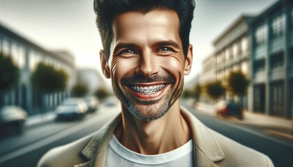 Confident Smile: A Photorealistic Portrait of an Adult Embracing Braces in Modern Urban Life