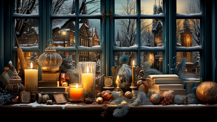 The sill of a winter window with various antique objects
