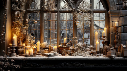 The sill of a winter window with various antique objects
