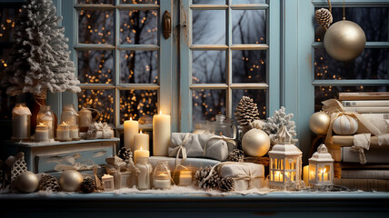 The sill of a winter window with various antique objects
