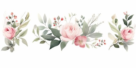 Watercolor floral bouquet illustration set - white flower green leaf leaves branches bouquets collection. Rose, peony, eucalyptus, chamomile. Wedding stationary, greetings, wallpapers, Generative AI