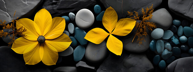 yellow flower on black background blue rock
