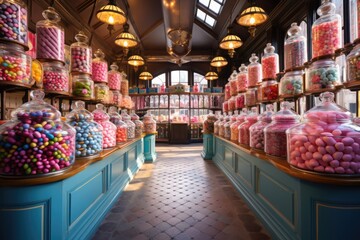 An indoor stand in candy store with various sweets and candies in glass jars. - Powered by Adobe