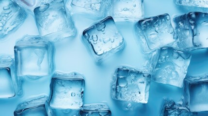 Melting ice cubes background in blue tones, top view, close up