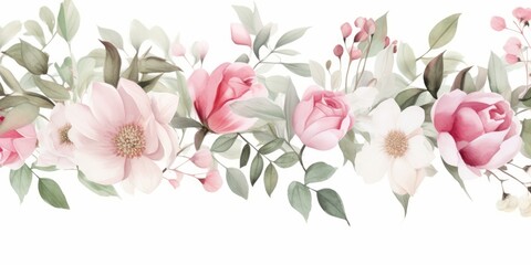 Watercolor floral seamless border with green leaves, pink peach blush white flowers, leaf branches. For wedding invitations, greetings, fashion, prints. Eucalyptus, olive, Generative AI