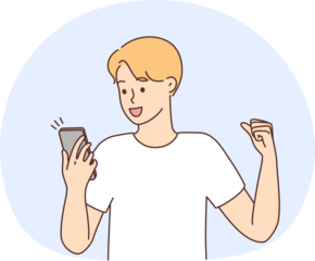 Excited man celebrate good news on cellphone