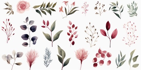 Watercolor floral illustration individual elements set - green leaves, burgundy pink peach blush white flowers, branches. Wedding invitations fashion prints. Eucalyptus, olive, peony, Generative AI - obrazy, fototapety, plakaty